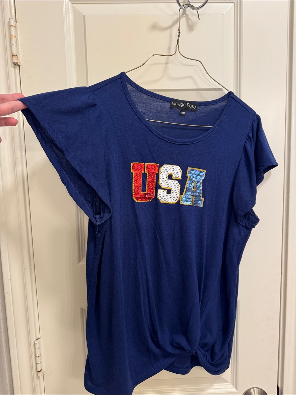 Vintage Rose Navy Short-Sleeve Tee with USA Sequin Appliqué